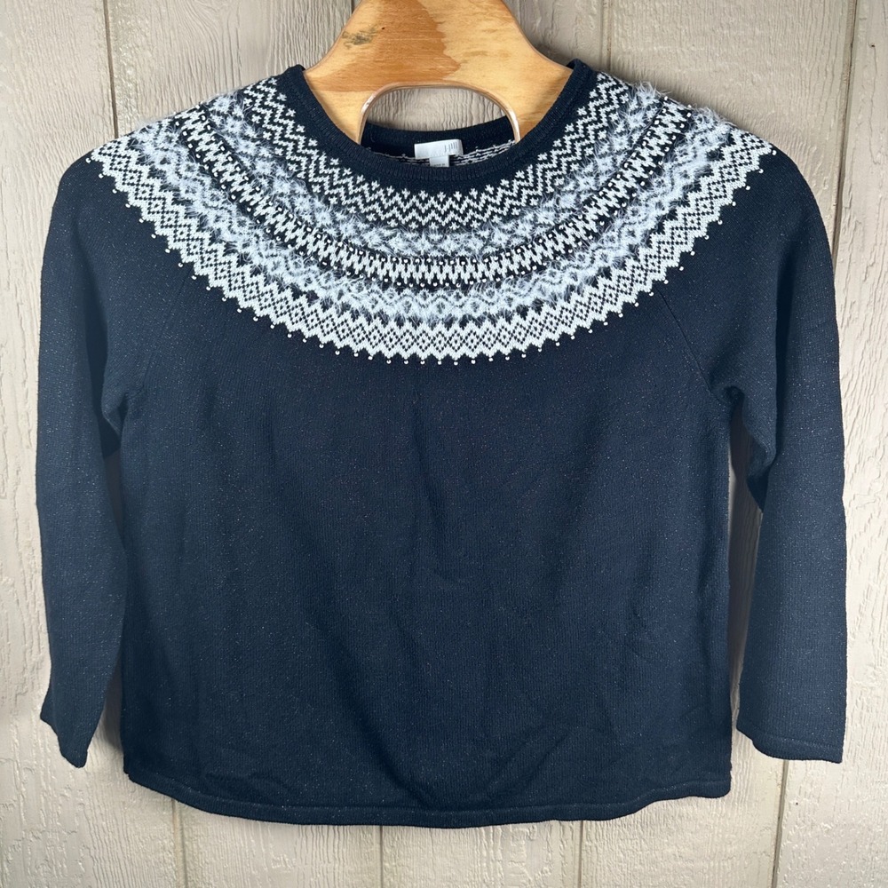 J. Jill Fair Isle Sweater Womens Size XL Black White Sparkle Eyelash Beaded Knit